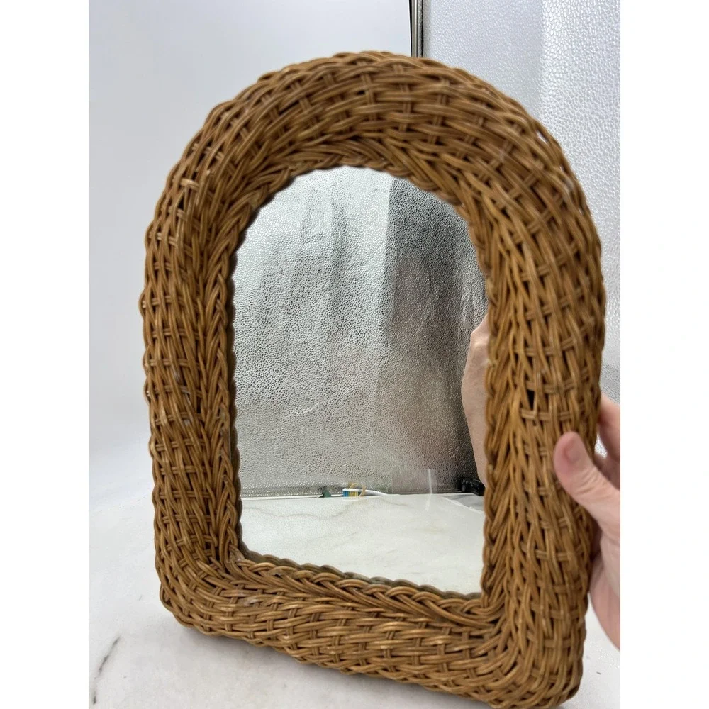 Vintage Woven Wicker Mirror Arched Wall Boho Coastal Cottagecore Home Decor